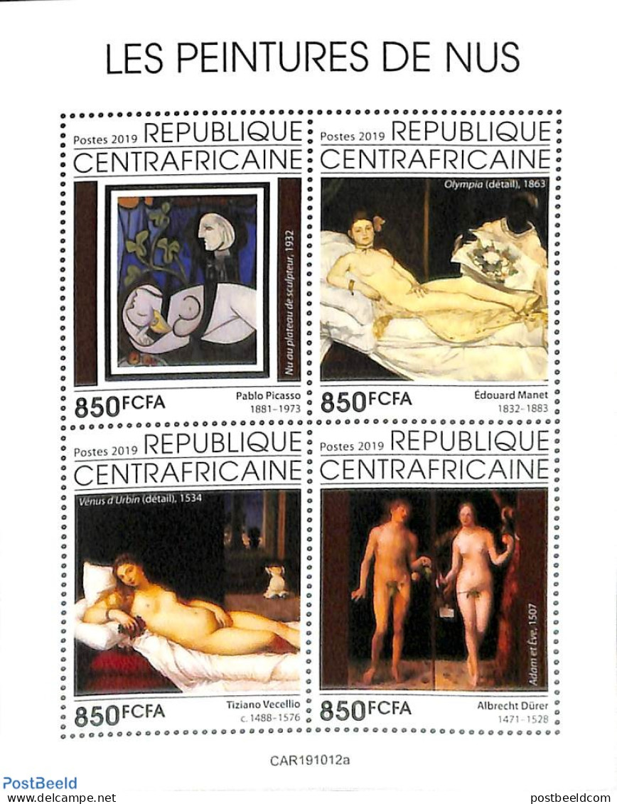 Central Africa 2019 Nude Paintings 4v M/s, Mint NH, Art - Dürer, Albrecht - Modern Art (1850-present) - Nude Painting.. - Repubblica Centroafricana