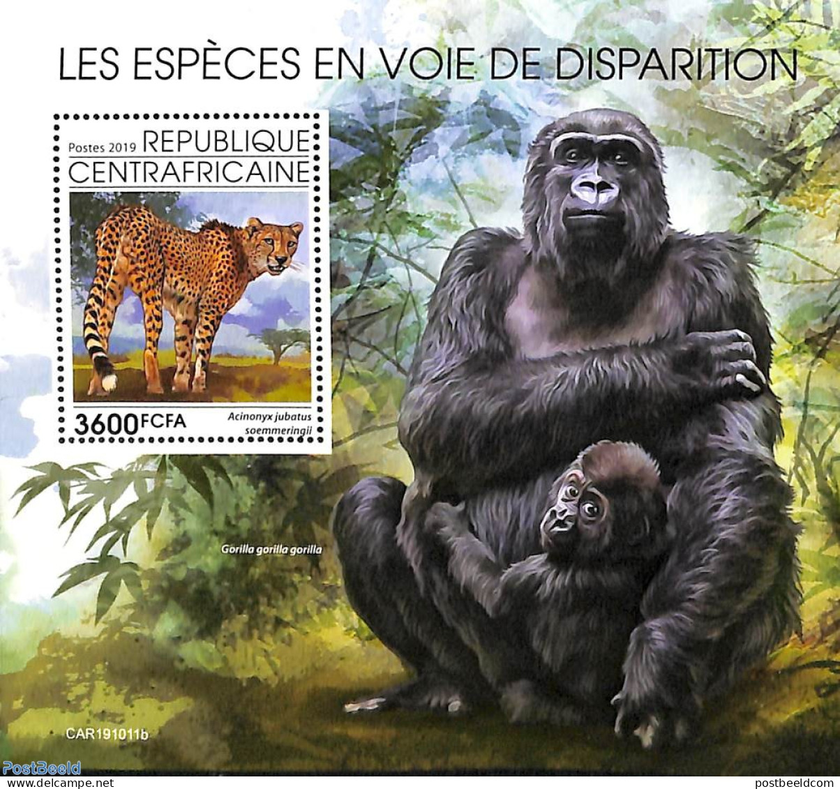 Central Africa 2019 Endangered Animals S/s, Mint NH, Nature - Cat Family - Monkeys - Centrafricaine (République)