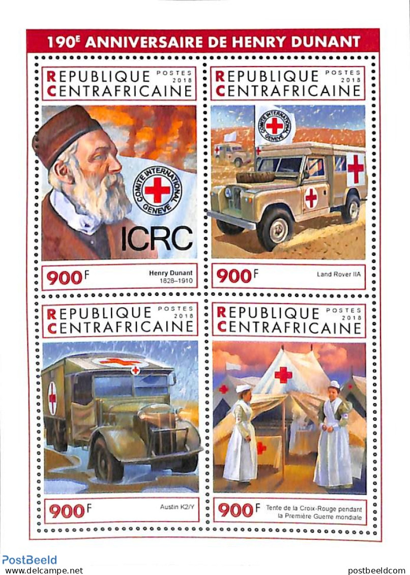 Central Africa 2018 Henri Dunant 4v M/s, Mint NH, Health - Transport - Red Cross - Automobiles - Red Cross