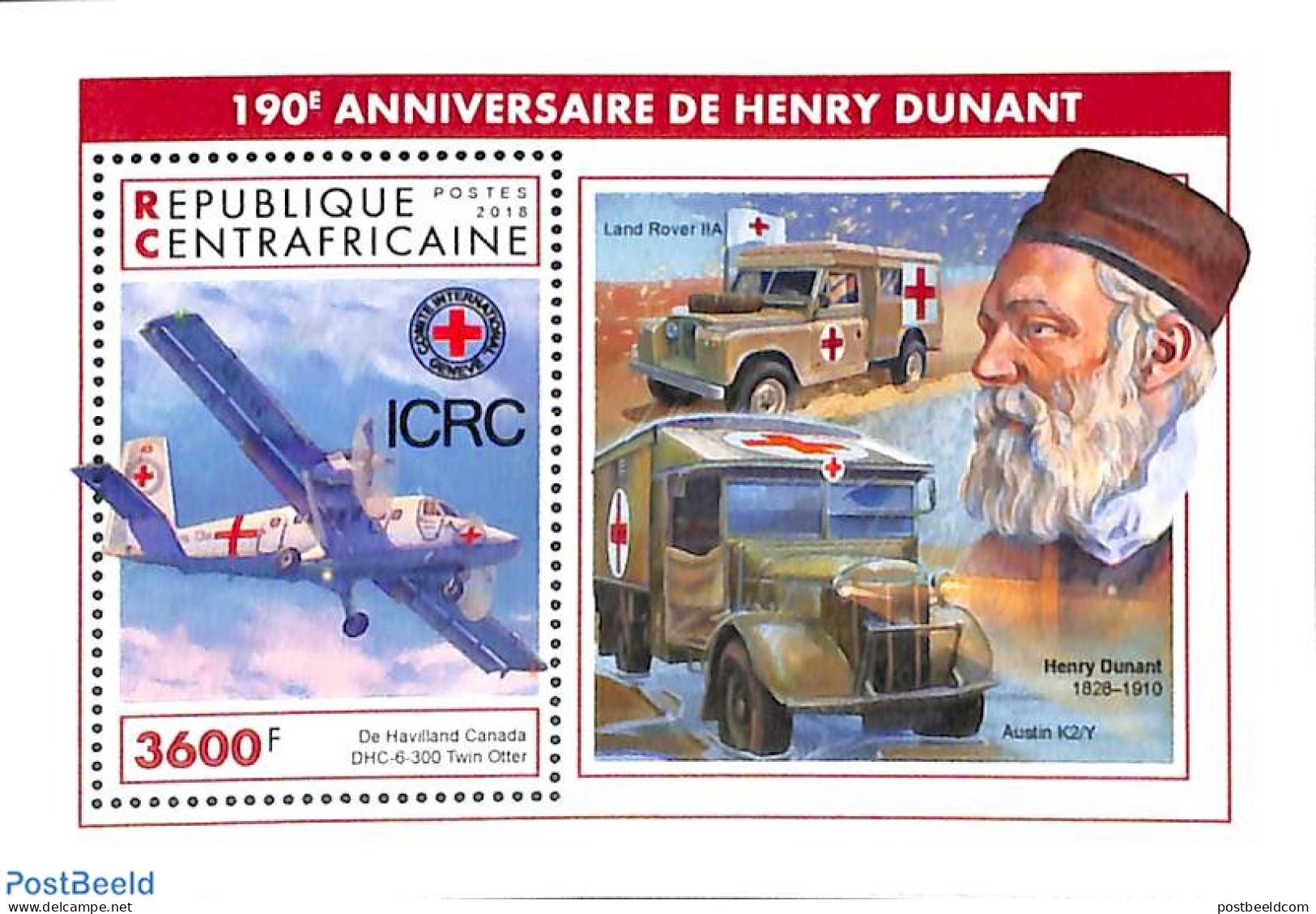 Central Africa 2018 Henri Dunant S/s, Mint NH, Health - Transport - Red Cross - Automobiles - Aircraft & Aviation - Croix-Rouge