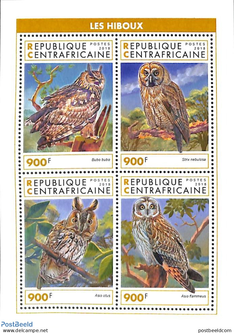 Central Africa 2018 Owls 4v M/s, Mint NH, Nature - Birds - Birds Of Prey - Owls - Central African Republic