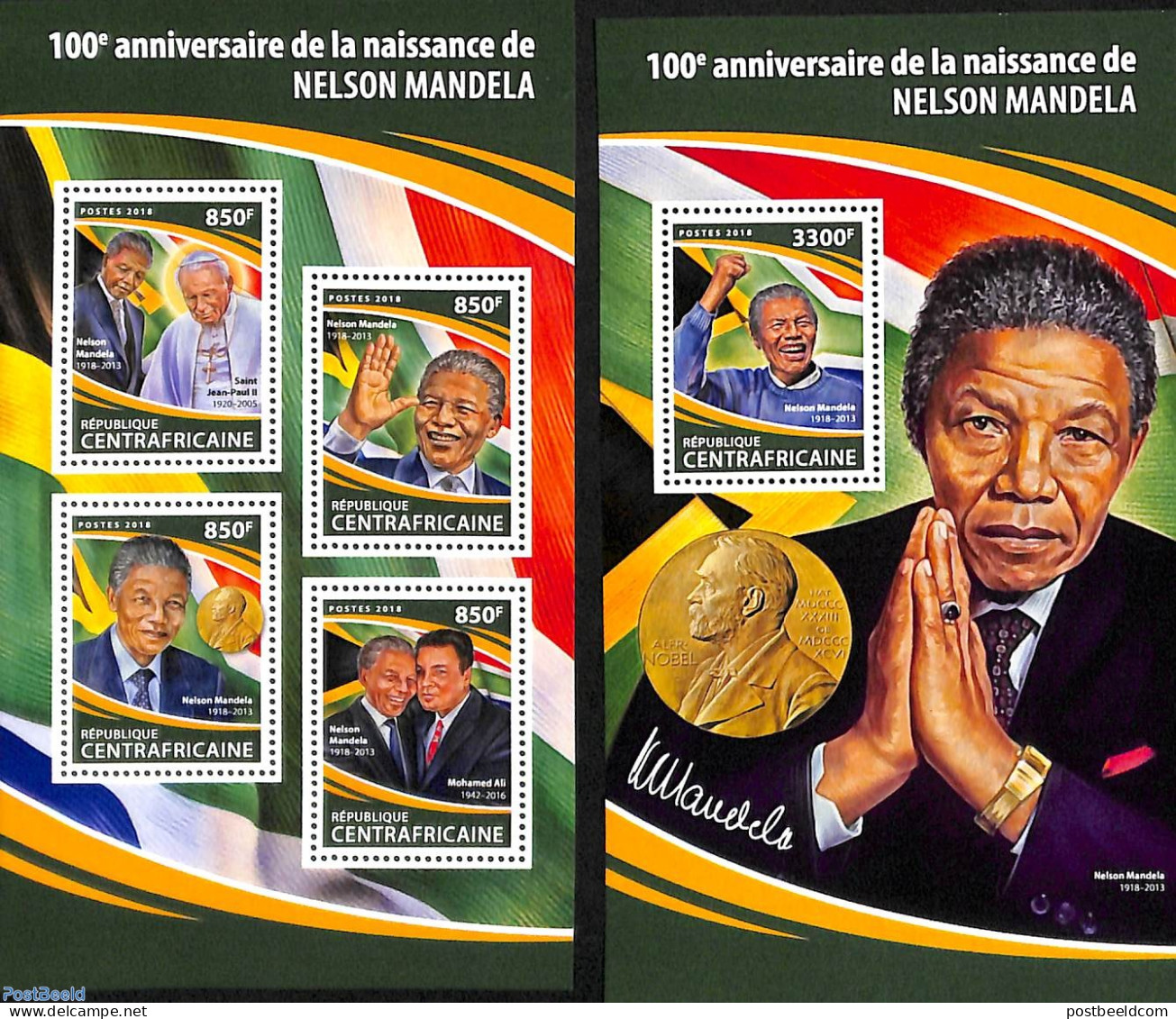 Central Africa 2018 Nelson Mandela 2 S/s, Mint NH, History - Nobel Prize Winners - Politicians - Nelson Mandela - Nobelpreisträger