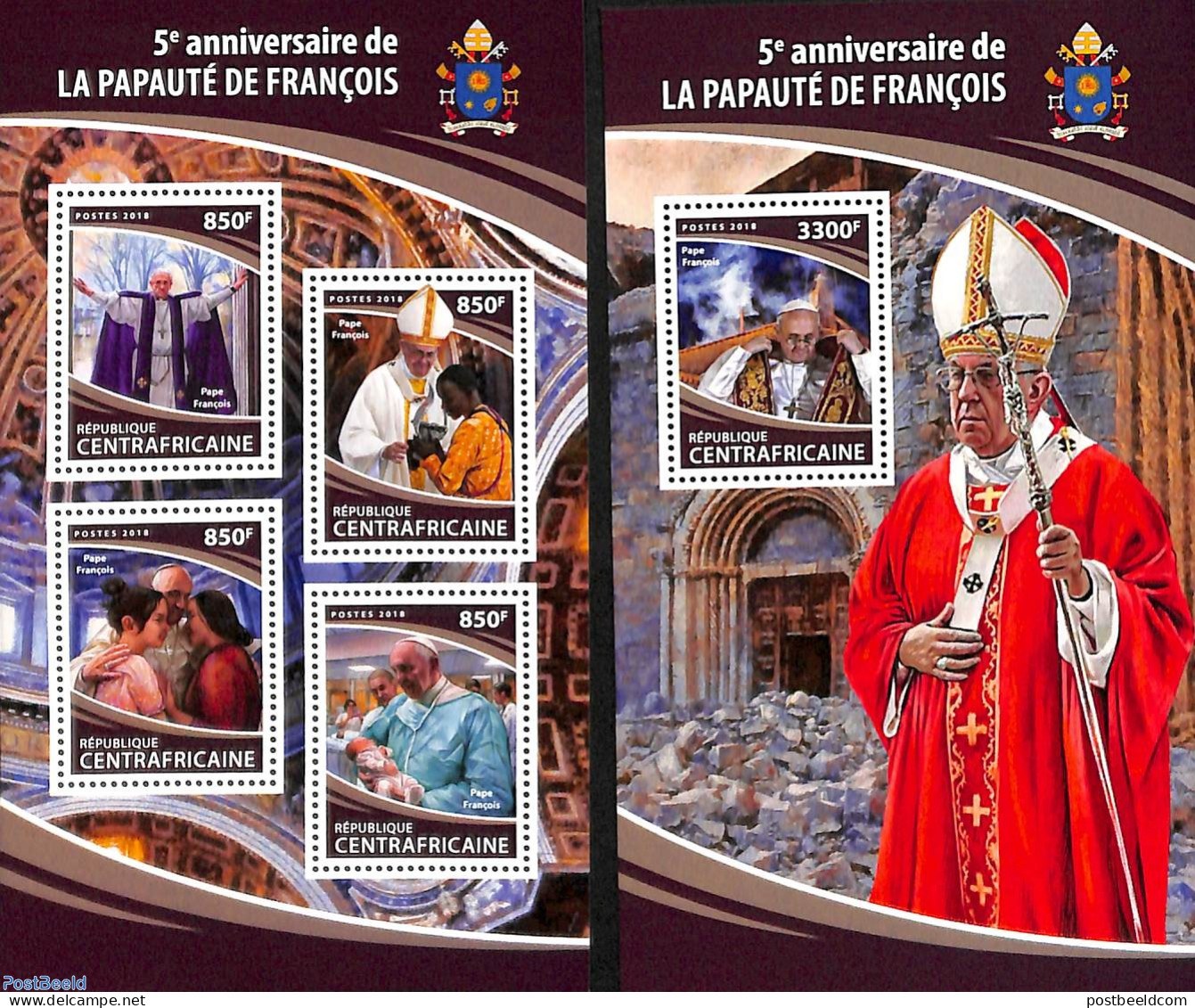 Central Africa 2018 Pope Francis 2 S/s, Mint NH, Religion - Pope - Päpste
