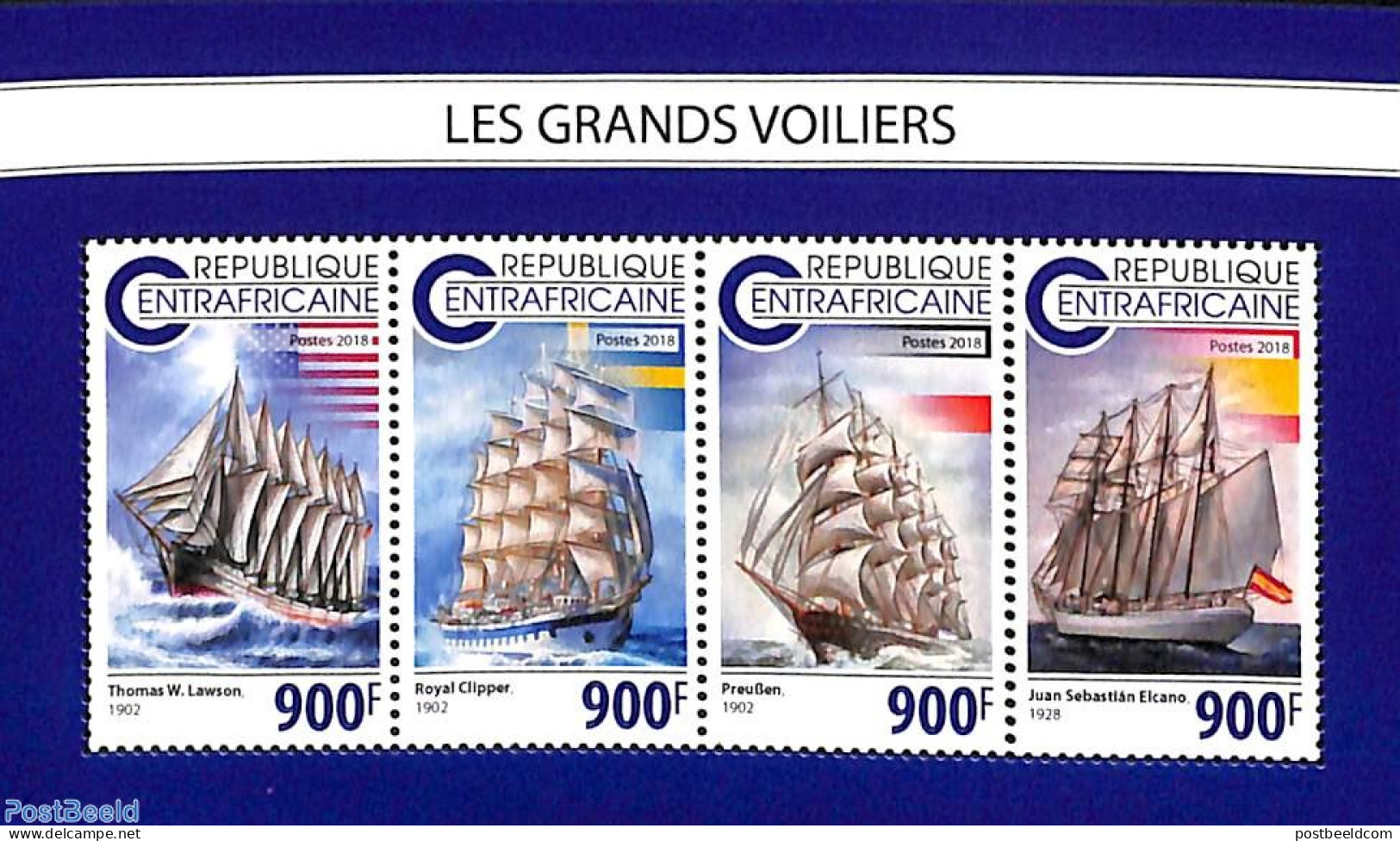 Central Africa 2018 Large Sailing Ships 4v M/s, Mint NH, Transport - Ships And Boats - Bateaux