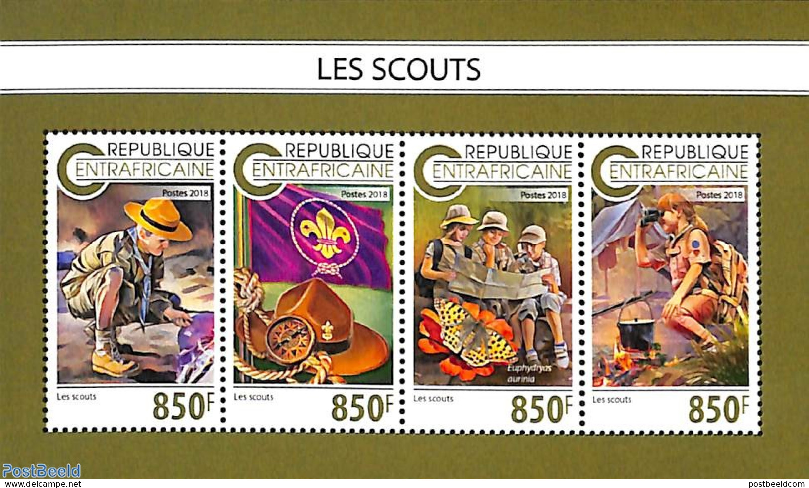 Central Africa 2018 Scouting 4v M/s, Mint NH, Nature - Sport - Butterflies - Scouting - Centraal-Afrikaanse Republiek