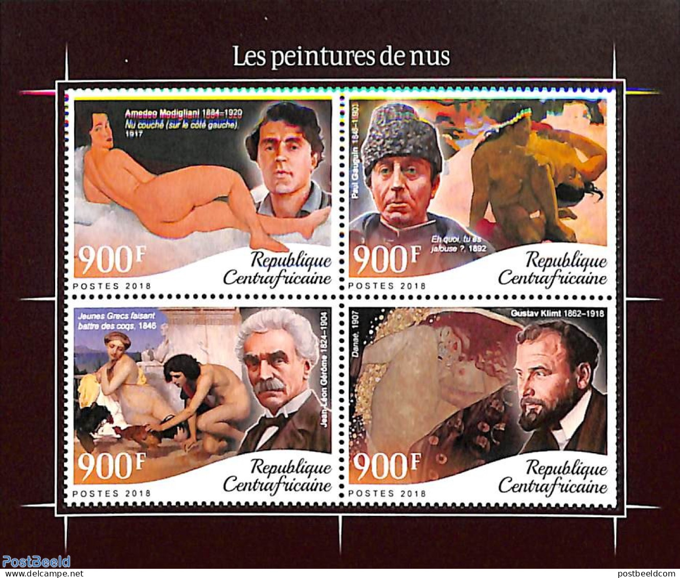 Central Africa 2018 Nude Paintings 4v M/s, Mint NH, Art - Amedeo Modigliani - Gustav Klimt - Nude Paintings - Paintings - Centrafricaine (République)