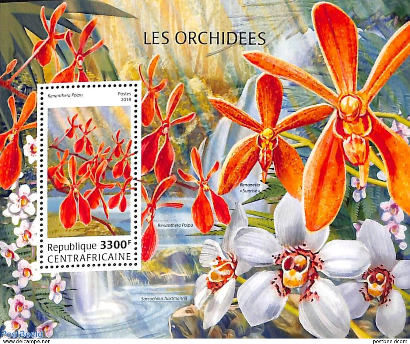 Central Africa 2018 Orchids S/s, Mint NH, Nature - Flowers & Plants - Orchids - Centraal-Afrikaanse Republiek