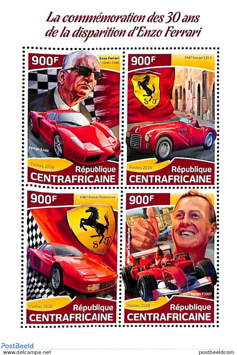 Central Africa 2018 Enzo Ferrari 4v M/s, Mint NH, Sport - Transport - Autosports - Automobiles - Ferrari - Auto's