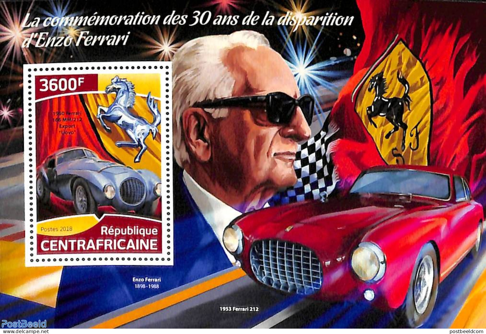 Central Africa 2018 Enzo Ferrari S/s, Mint NH, Transport - Automobiles - Ferrari - Auto's