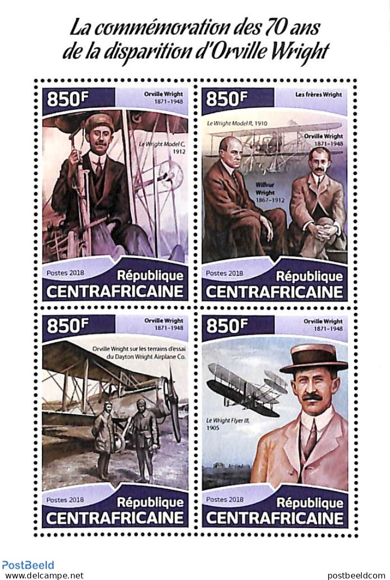 Central Africa 2018 Orville Wright 4v M/s, Mint NH, Science - Transport - Inventors - Aircraft & Aviation - Aerei