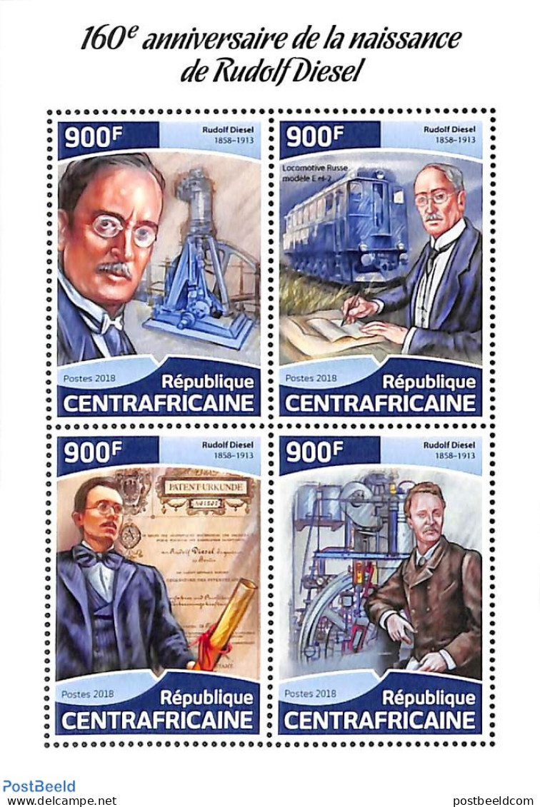 Central Africa 2018 Rudolf Diesel 4v M/s, Mint NH, Science - Transport - Inventors - Railways - Trenes