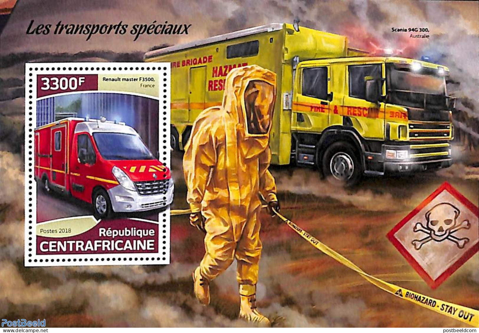 Central Africa 2018 Special Transport S/s, Mint NH, Transport - Fire Fighters & Prevention - Pompieri