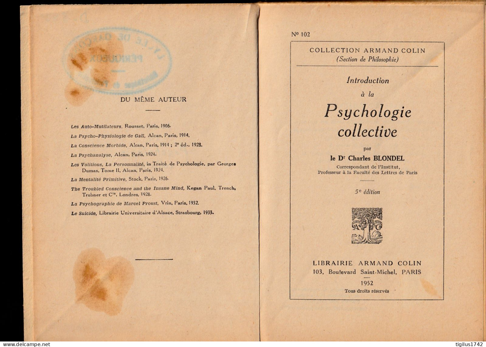 Dr Ch. Blondel. Introduction à La Psychologie Collective, Armand Colin, 1952 - Psychology/Philosophy