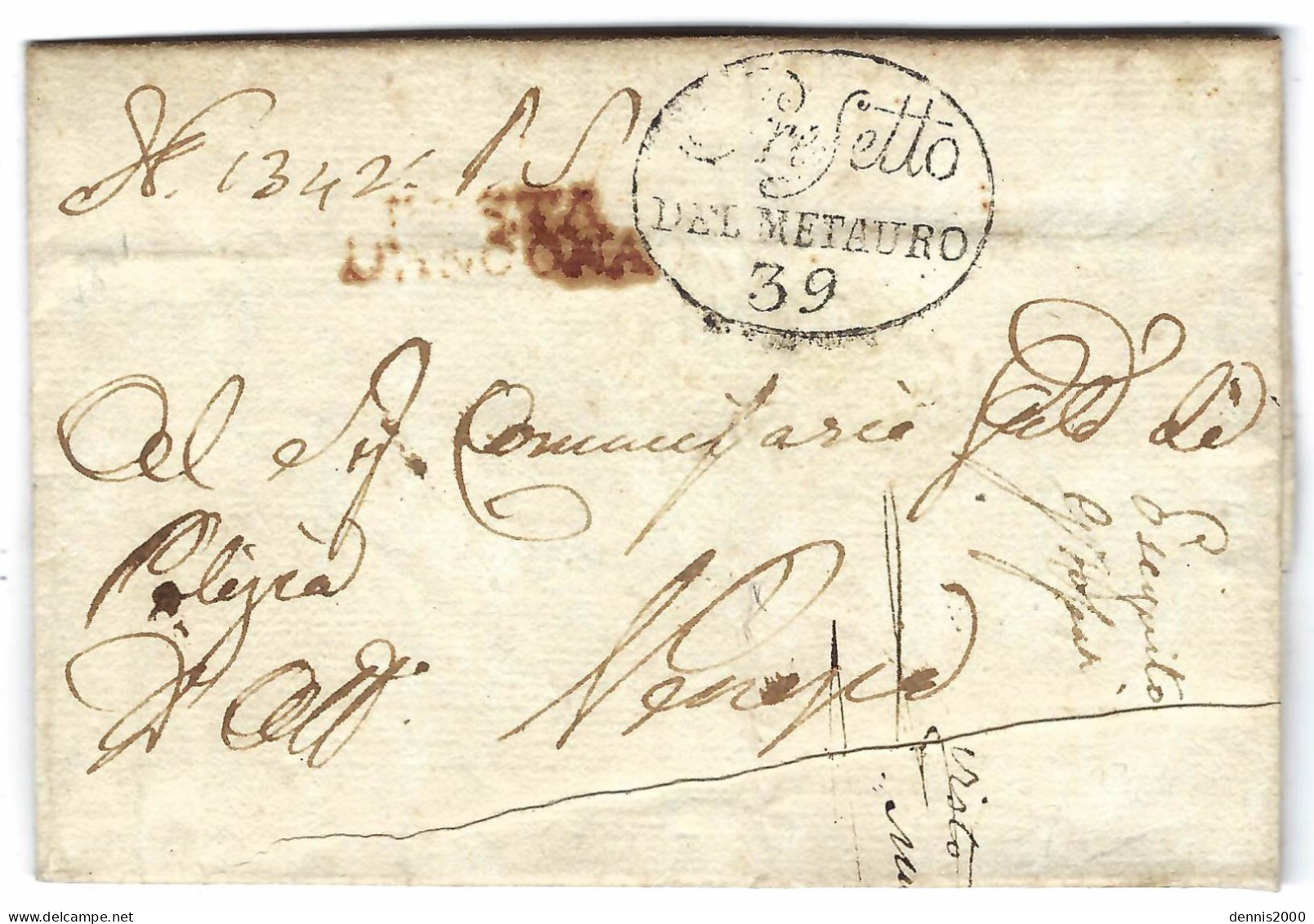 1811 - Lettre " POSTA / D' ANCONA Rouge " + " PREFETTO / DEL METAURO / 39 - ...-1850 Voorfilatelie