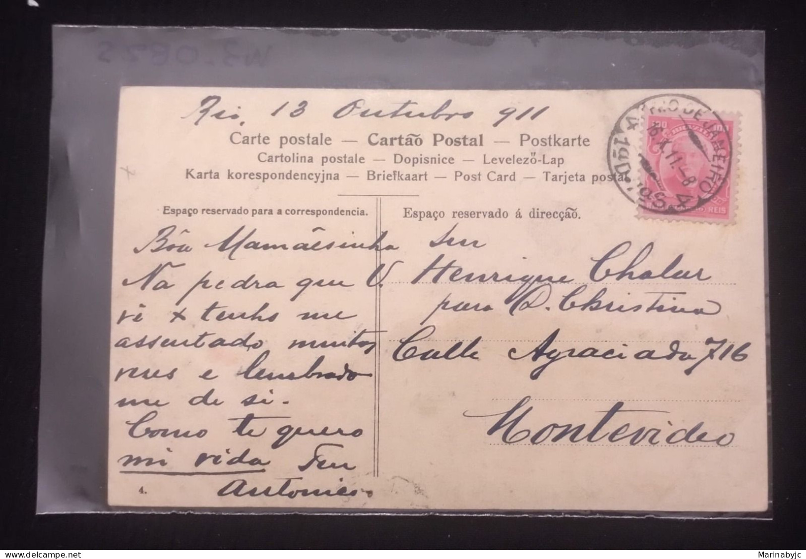 D)1911, BRAZIL, POSTCARD SENT TO MONTEVIDEO, WITH CHARACTER STAMP, EDUARDO WANDENKOLK, 1838-1902, XF - Autres & Non Classés