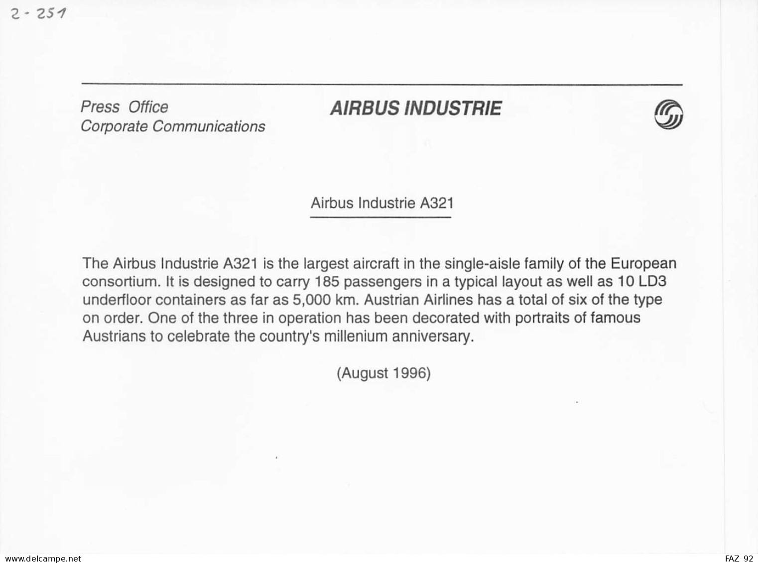 Airbus A321 - Austrian Airlines - +/- 180 X 130 Mm. - Photo De Presse - Aviazione