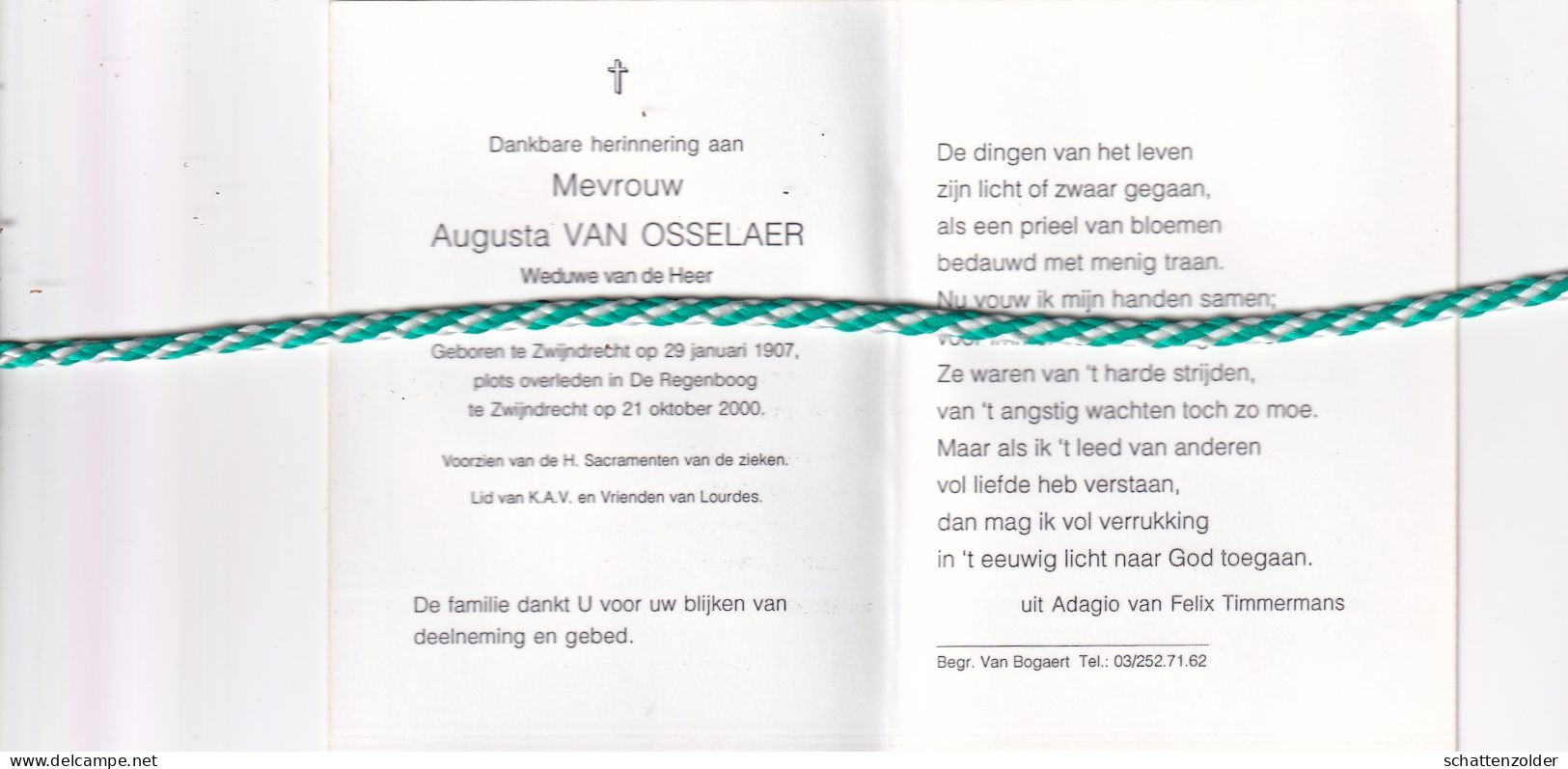 Augusta Van Ossalaer-Bultheel, Zwijndrecht 1907, 2000. Foto - Décès