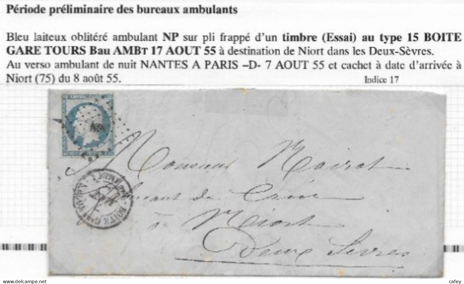 Lettre De TOURS  1855   Timbre Empire N° 14 Ambulant NP Càd BOITE GARE TOURS / Bau AMBt 1 Rare Et TTB - Railway Post