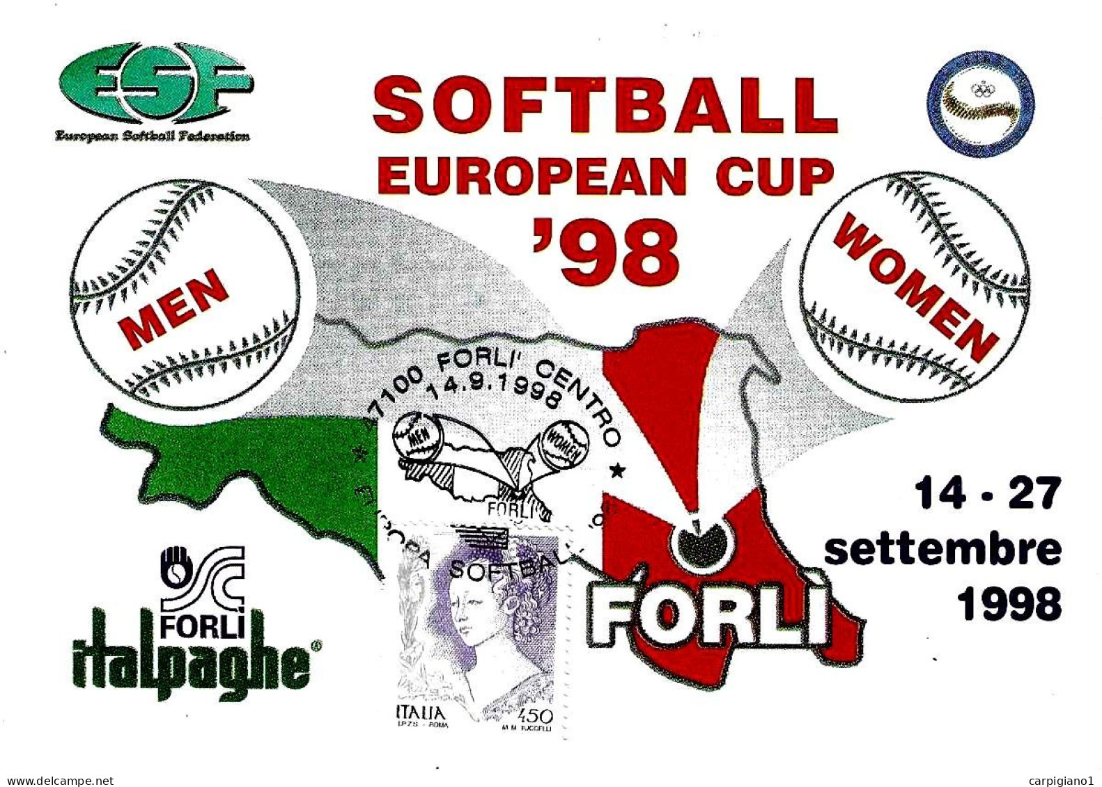 ITALIA ITALY - 1998 FORLI' Coppa Europa SOFTBALL Maschile E Femminile Su Cartolina Speciale FIBS - 8295 - 1991-00: Marcofilie