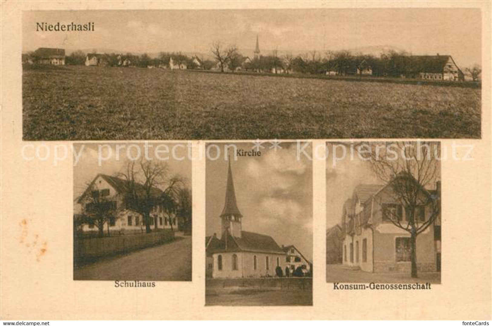 13567352 Niederhasli Schulhaus Kirche Konsum Genossenschaft Panorama Niederhasli - Autres & Non Classés