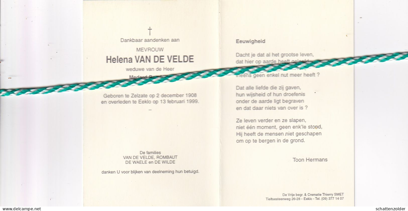 Helena Van De Velde-Rombaut, Zelzate 1908, Eeklo 1999. Foto - Décès