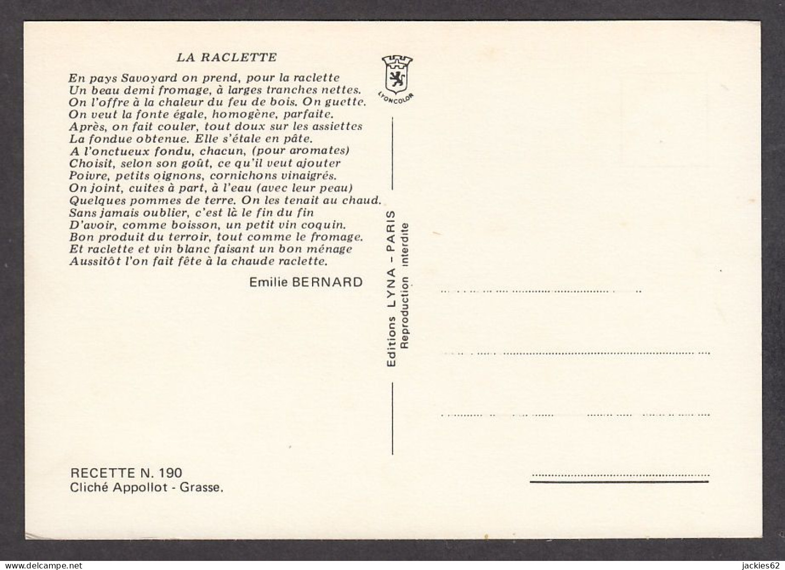 095338/ La Raclette, Recette En Vers Signée E. Bernard, Ed Lyna, Recette N° 190 - Recetas De Cocina