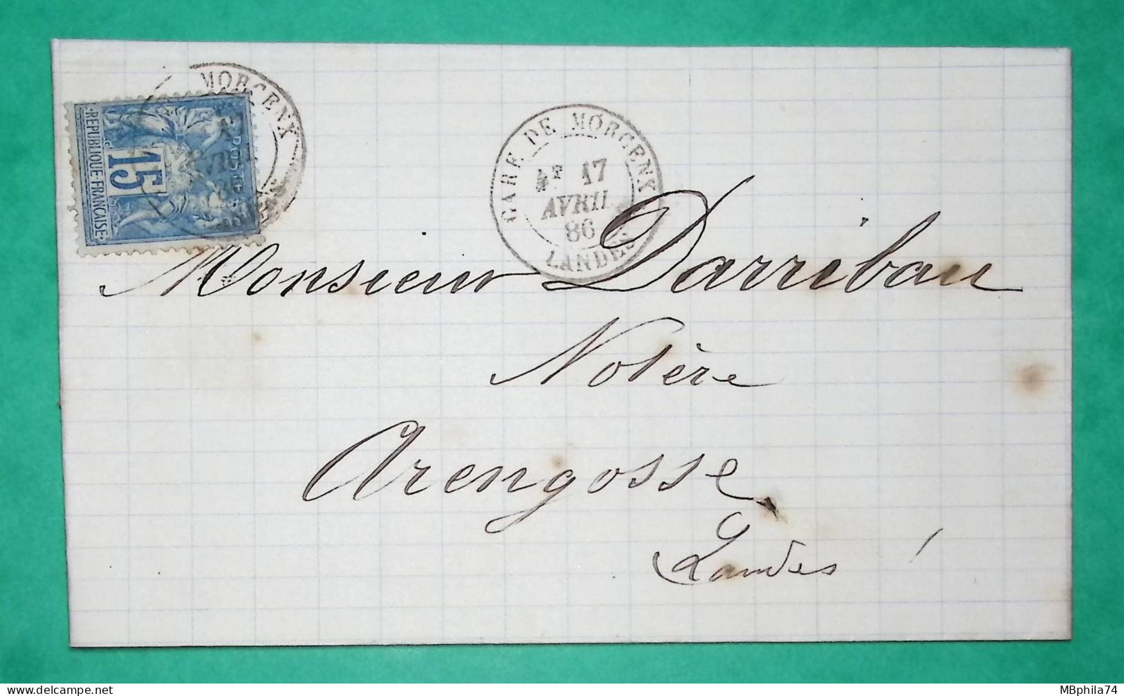 N°90 SAGE CAD TYPE 18 GARE DE MORCENX LANDES POUR ARENGOSSE 1886 INDICE 15 LETTRE COVER FRANCE - Bahnpost