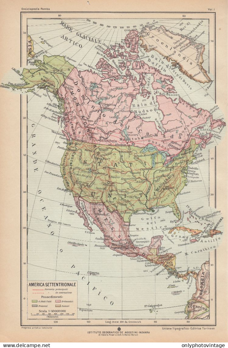 America Settentrionale - Carta Geografica Epoca - 1925 Vintage Map - Mapas Geográficas