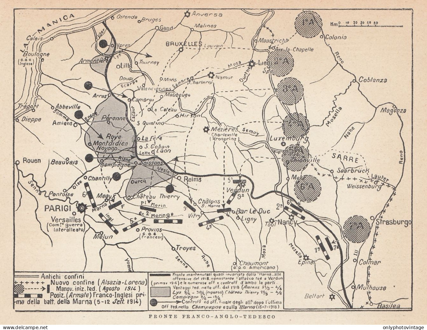 I Guerra Mondiale - Fronte Franco-Anglo-Tedesco - 1925 Vintage Map - Cartes Géographiques