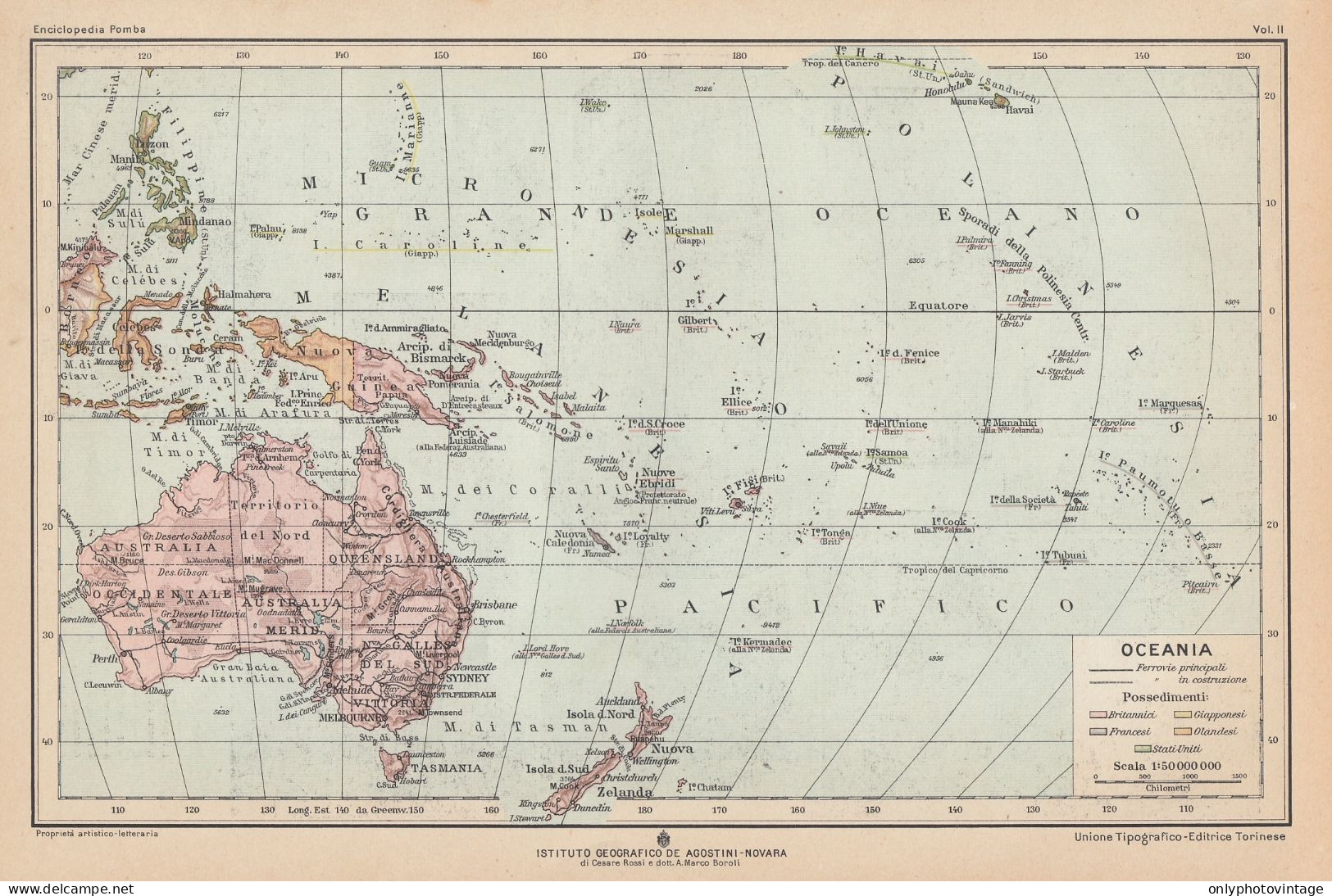 Oceania - Carta Geografica Epoca - 1926 Vintage Map - Geographical Maps