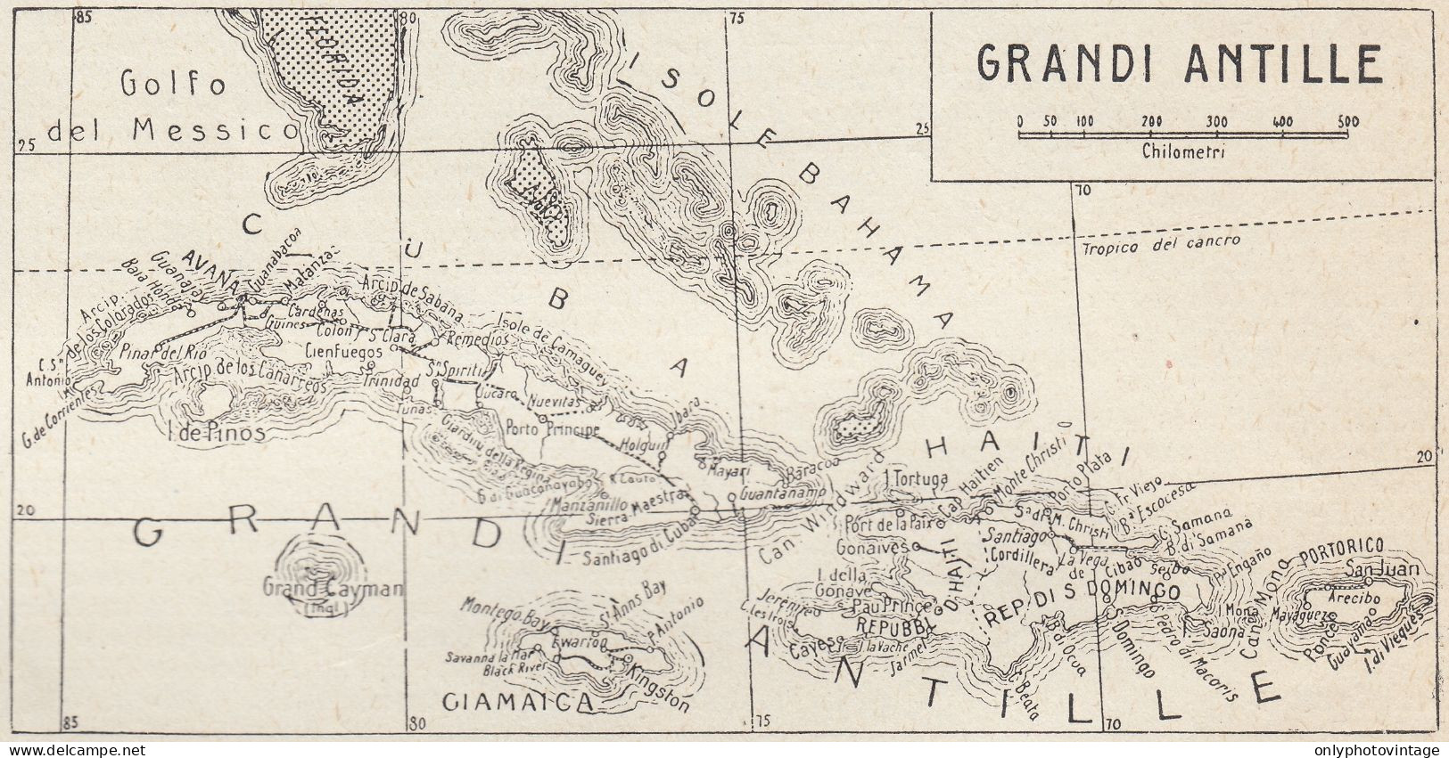 Grandi Antille - Mappa Epoca - 1925 Vintage Map - Carte Geographique