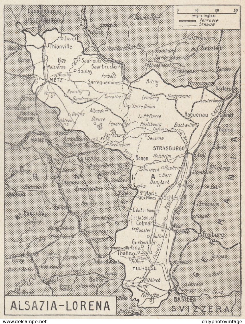 Francia - Alsazia-Lorena - Mappa Epoca 1925 Vintage Map - Carte Geographique