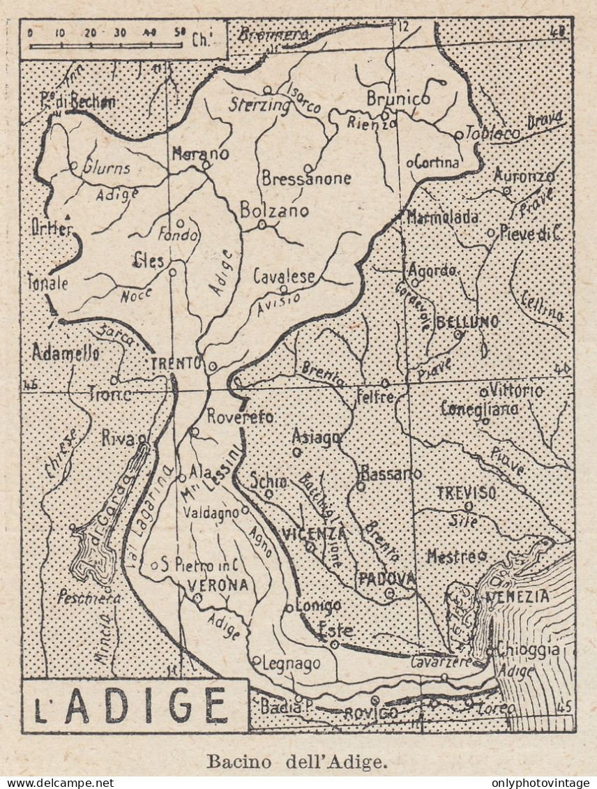 Adige - Mappa Epoca - 1925 Vintage Map - Carte Geographique