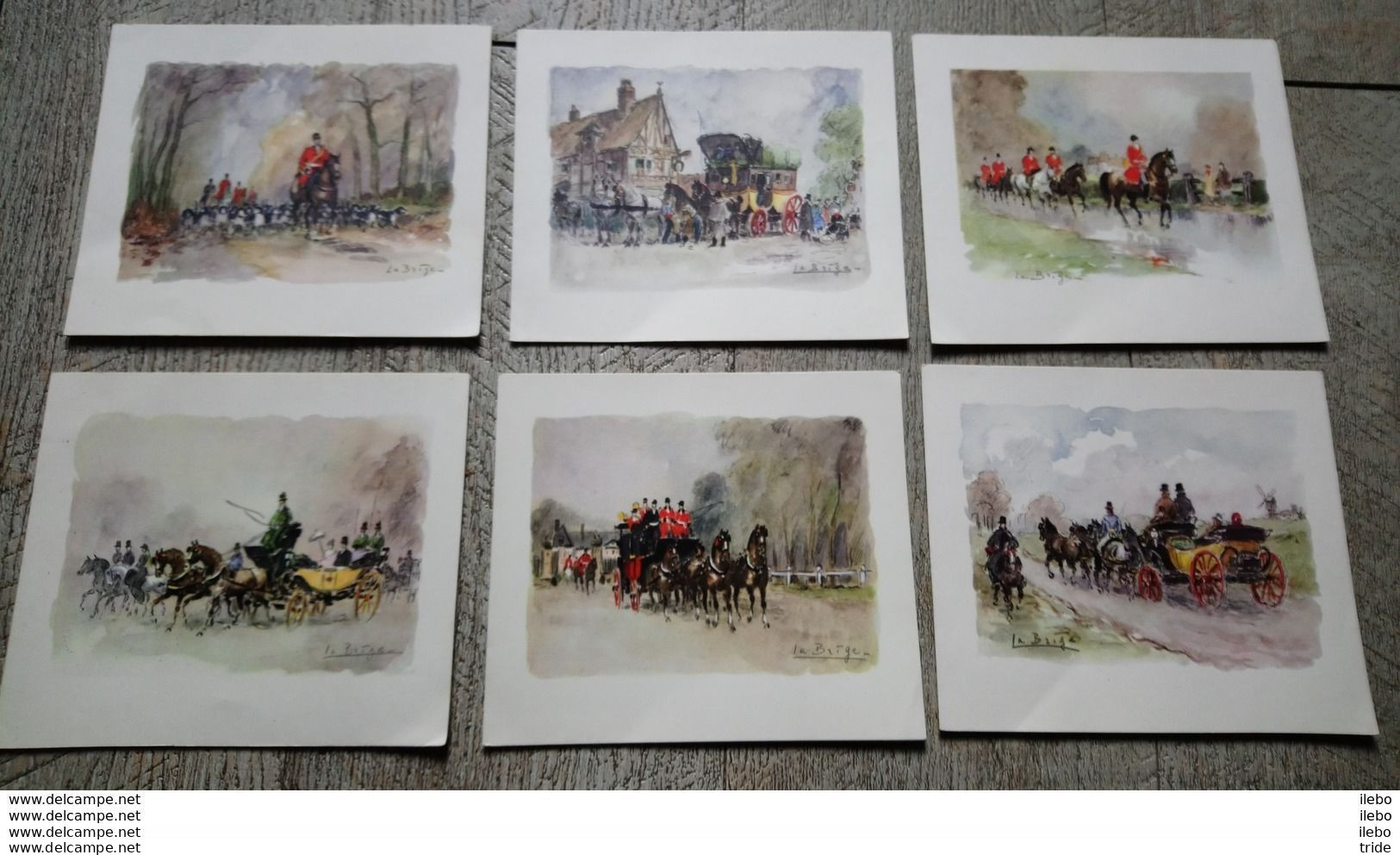 Lot 6 Cartes Doubles Signé La Brige Attelages Chasse à Courre Chevaux Chiens - Otros & Sin Clasificación