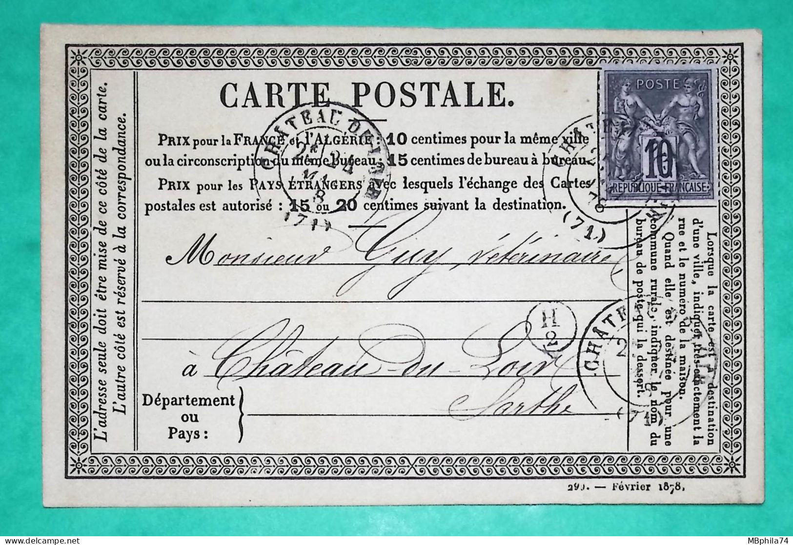 N°89 SAGE CARTE PRECURSEUR CHATEAU DU LOIR SARTHE BOITE RURALE SUPPLEMENTAIRE H2 A IDENTIFIER CORRESPONDANCE LOCALE 1878 - Bahnpost