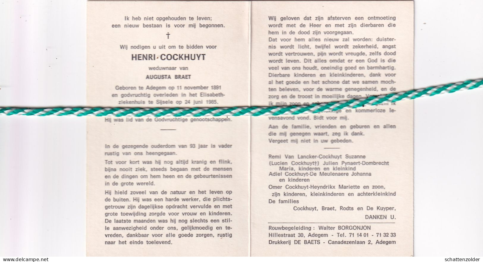 Henri Cockhuyt-Braet, Adegem 1891, Sijsele 1985 - Décès