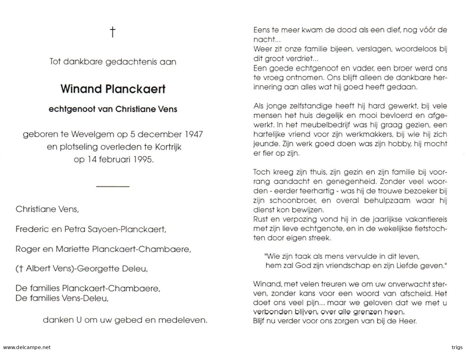 Winand Planckaert (1947-1995) - Devotieprenten