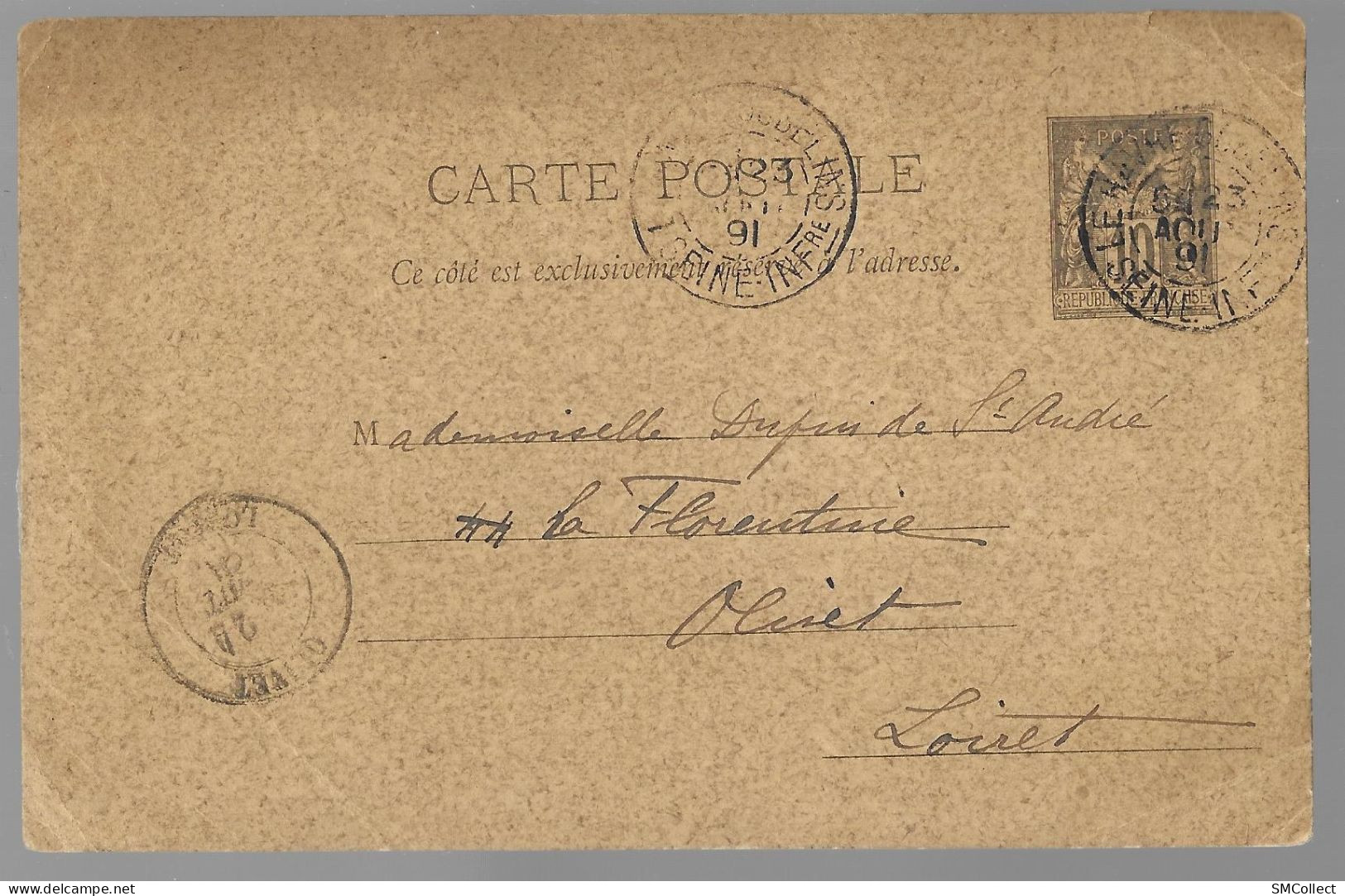 Entier Postal, Sage 10 Centimes Noir Voyagé En Aout 1891, Du Havre Vers Olivet (13558) - Cartes Postales Types Et TSC (avant 1995)