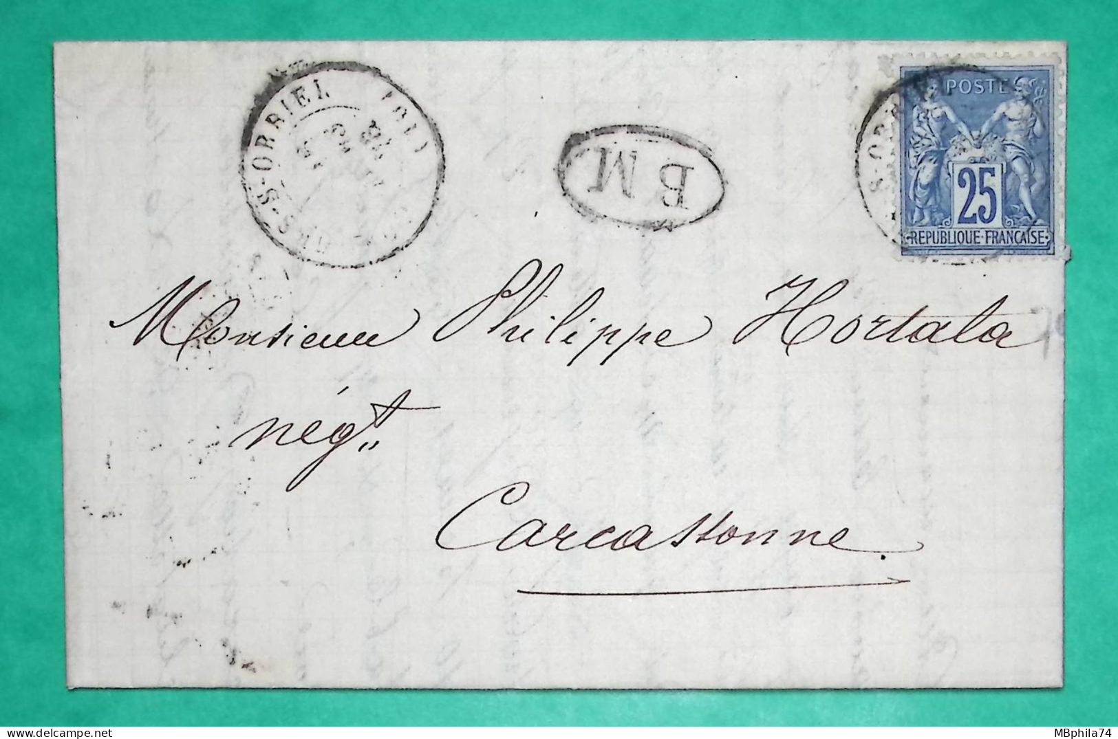 N°78 SAGE CAD TYPE 17 CONQUES SUR ORBIEL AUDE BM BOITE MOBILE DEPART ILHES CABARDES POUR CARCASSONNE 1879 COVER FRANCE - Railway Post