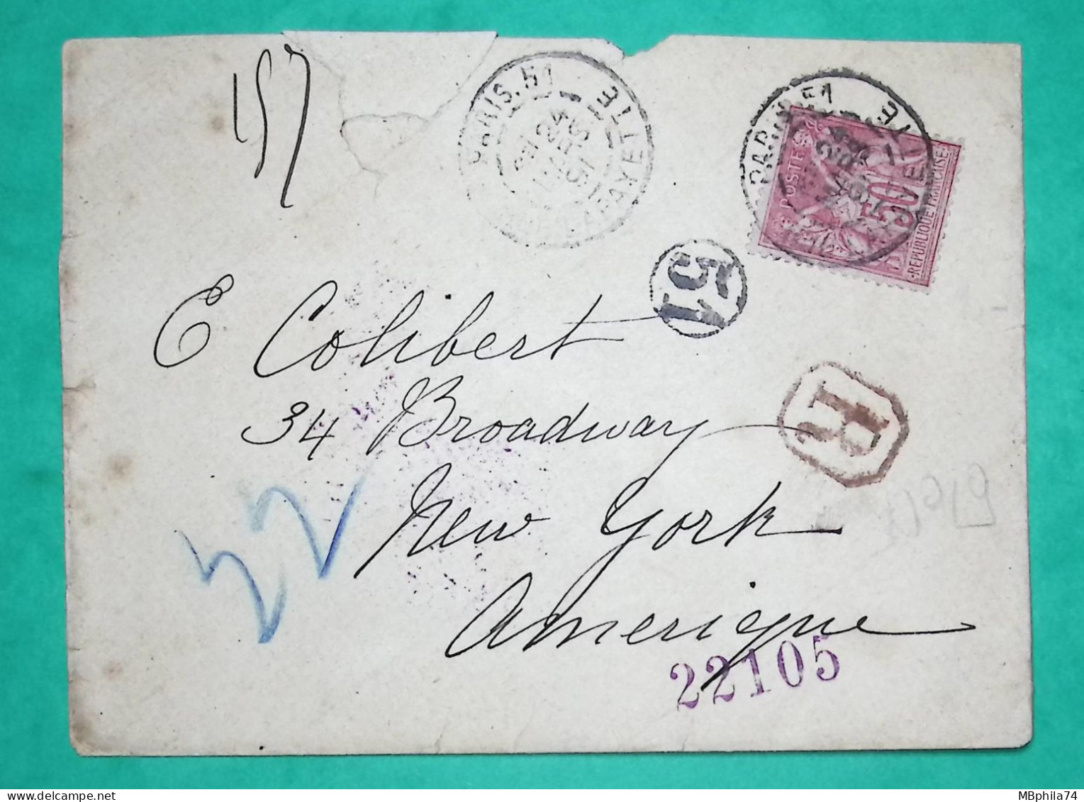 N°98 SAGE 50C RECOMMANDE PARIS RUE LAFAYETTE POUR NEW YORK ETATS UNIS USA AMERICA 1881 LETTRE COVER FRANCE - 1877-1920: Periodo Semi Moderno