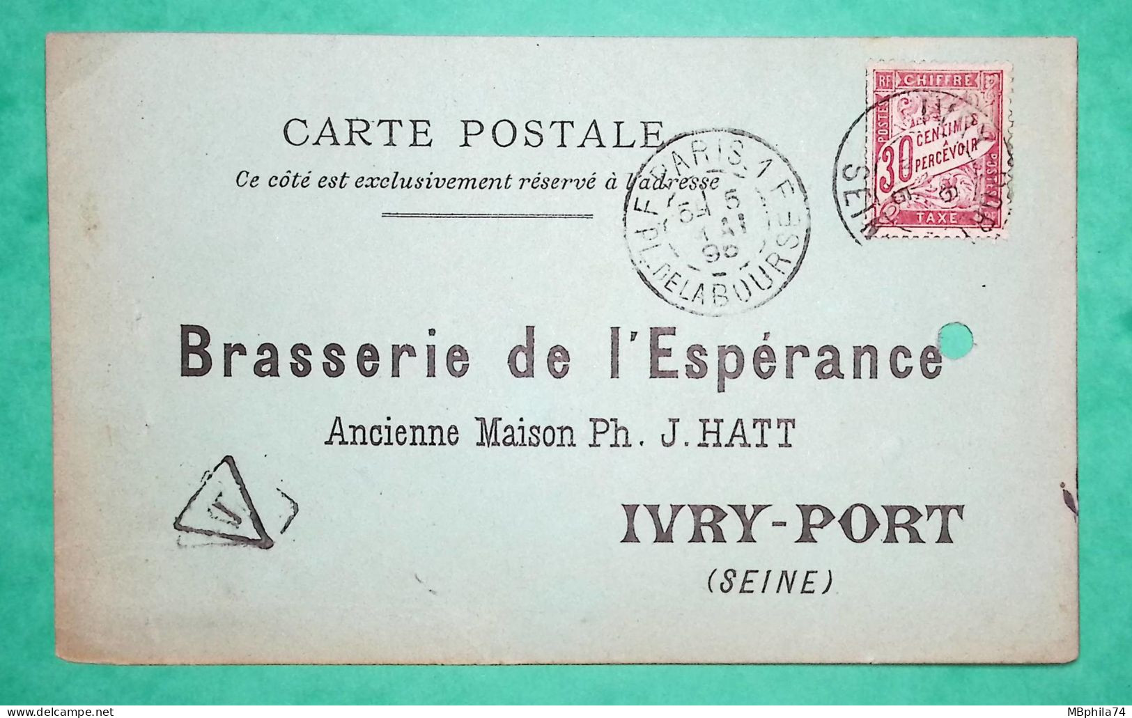 TAXE DUVAL 30C ROUGE CARTE POSTALE PRIVEE BRASSERIE DE L'ESPERANCE BIERES HYGIENIQUES ALCOOL IVRY SUR SEINE 1895 FRANCE - 1859-1959 Covers & Documents
