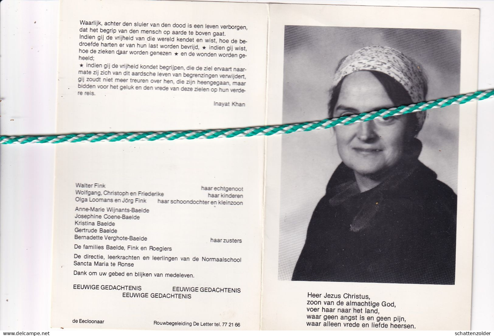 Leentje Baelde, Eeklo 1936, 1984. Lerares Normaalschool Sancta Maria Ronse. Foto - Décès