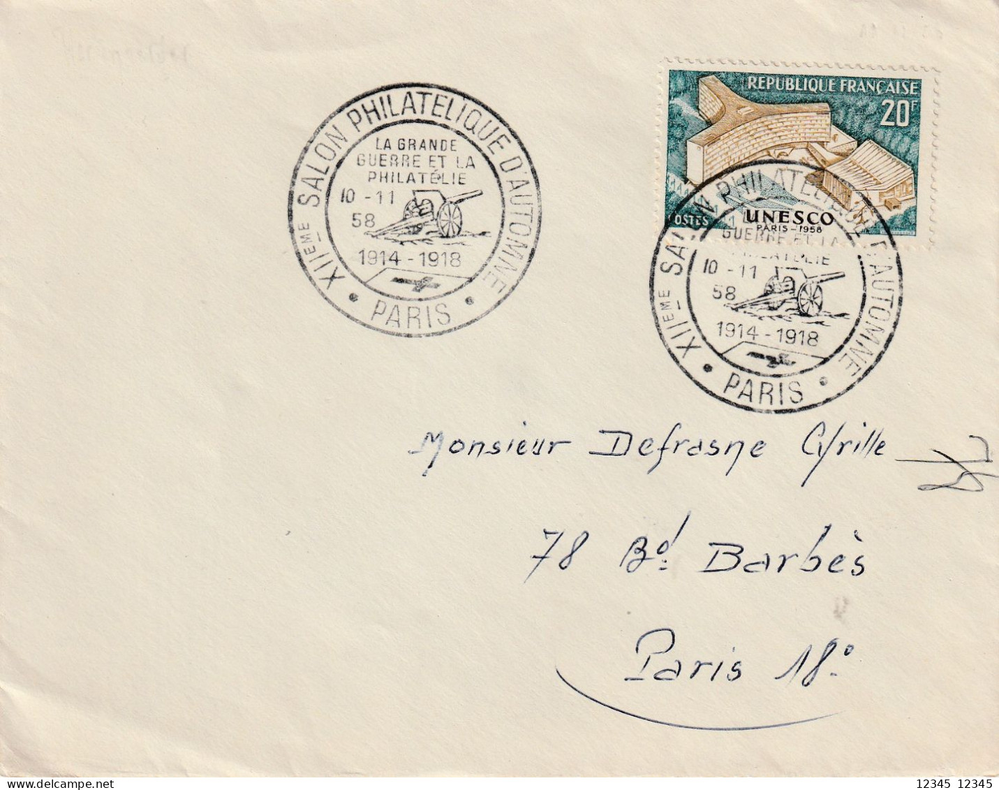 Frankrijk 1958, XIIth Paris Autumn Philatelic Fair,  The Great War And Philately 1914-1918 - Briefe U. Dokumente