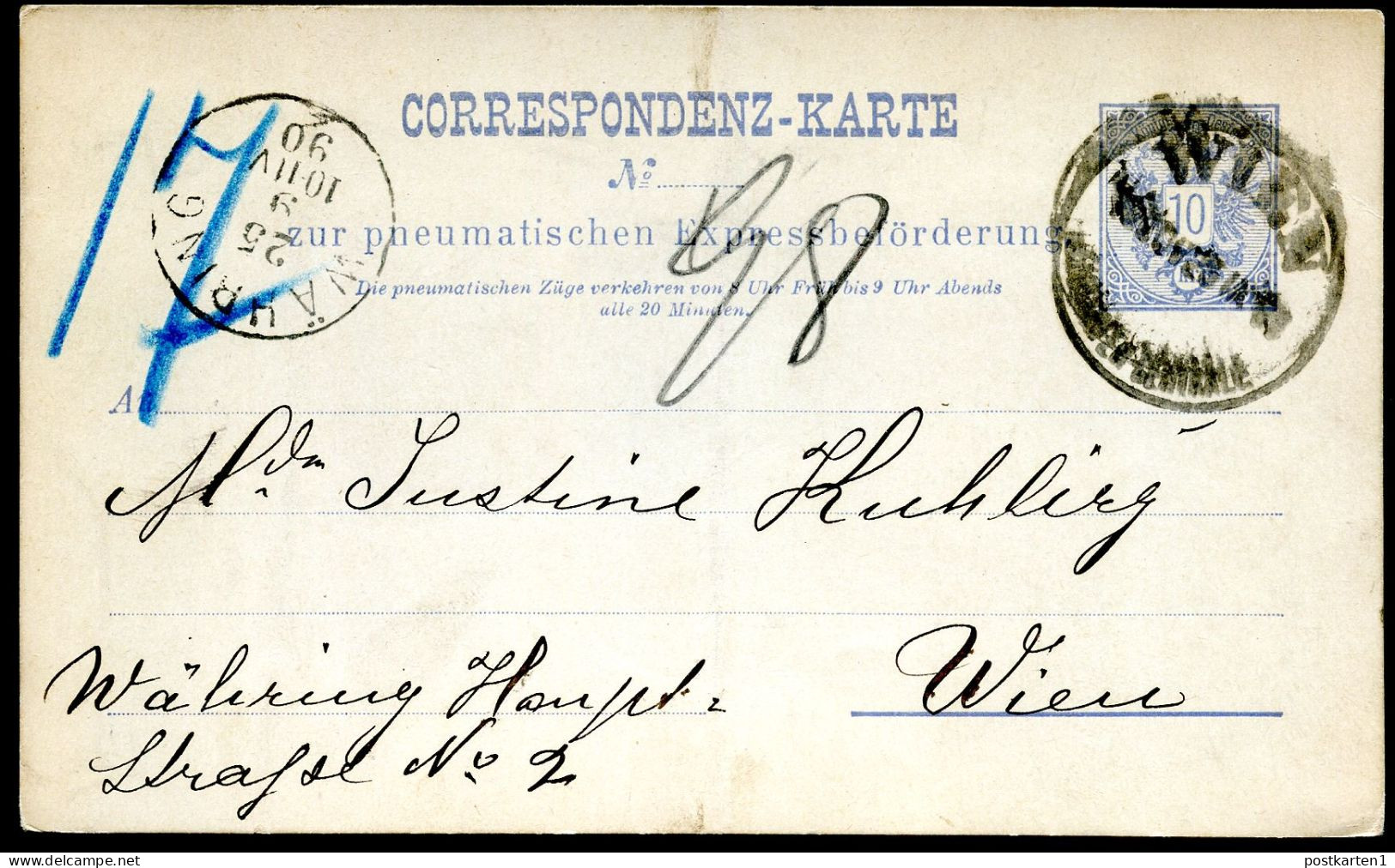 Rohrpost-Postkarte RP11 Wien - Währingen 1890 - Briefkaarten