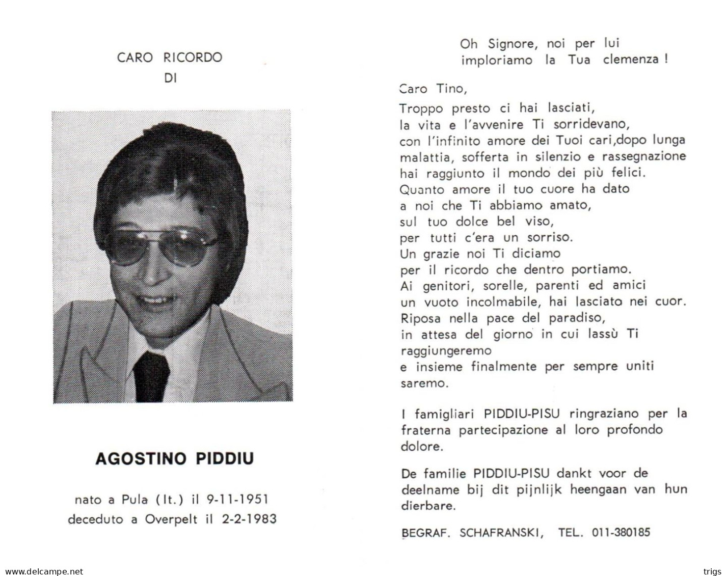 Agostino Piddiu (1951-1983) - Devotieprenten