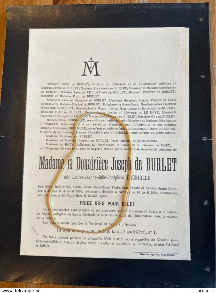 Madame La Douairiere Joseph De Burlet Nee Dugniolle *1818 Ixelles +1895 Nivelles De Hody - Avvisi Di Necrologio