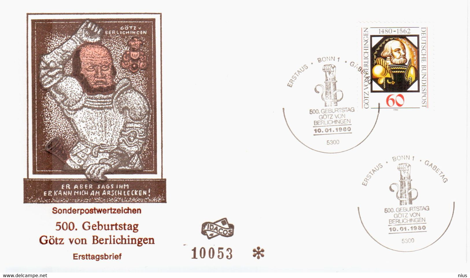 Germany Deutschland 1980 FDC Gotz Von Berlichingen, Imperial Knight, Poet, Bonn - 1971-1980