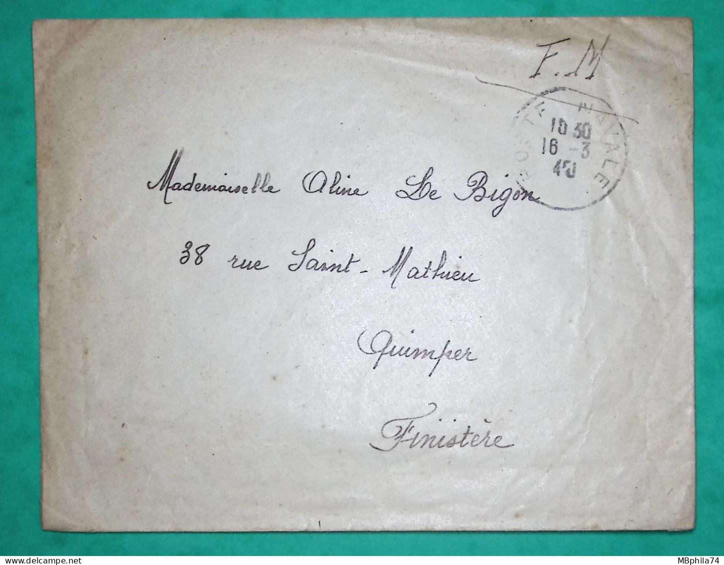 FRANCHISE MILITAIRE FM POSTE NAVALE CROISEUR AUXILIAIRE EL DJEZAÏR POUR QUIMPER FINISTERE 1940 WW2 LETTRE COVER FRANCE - Poste Navale