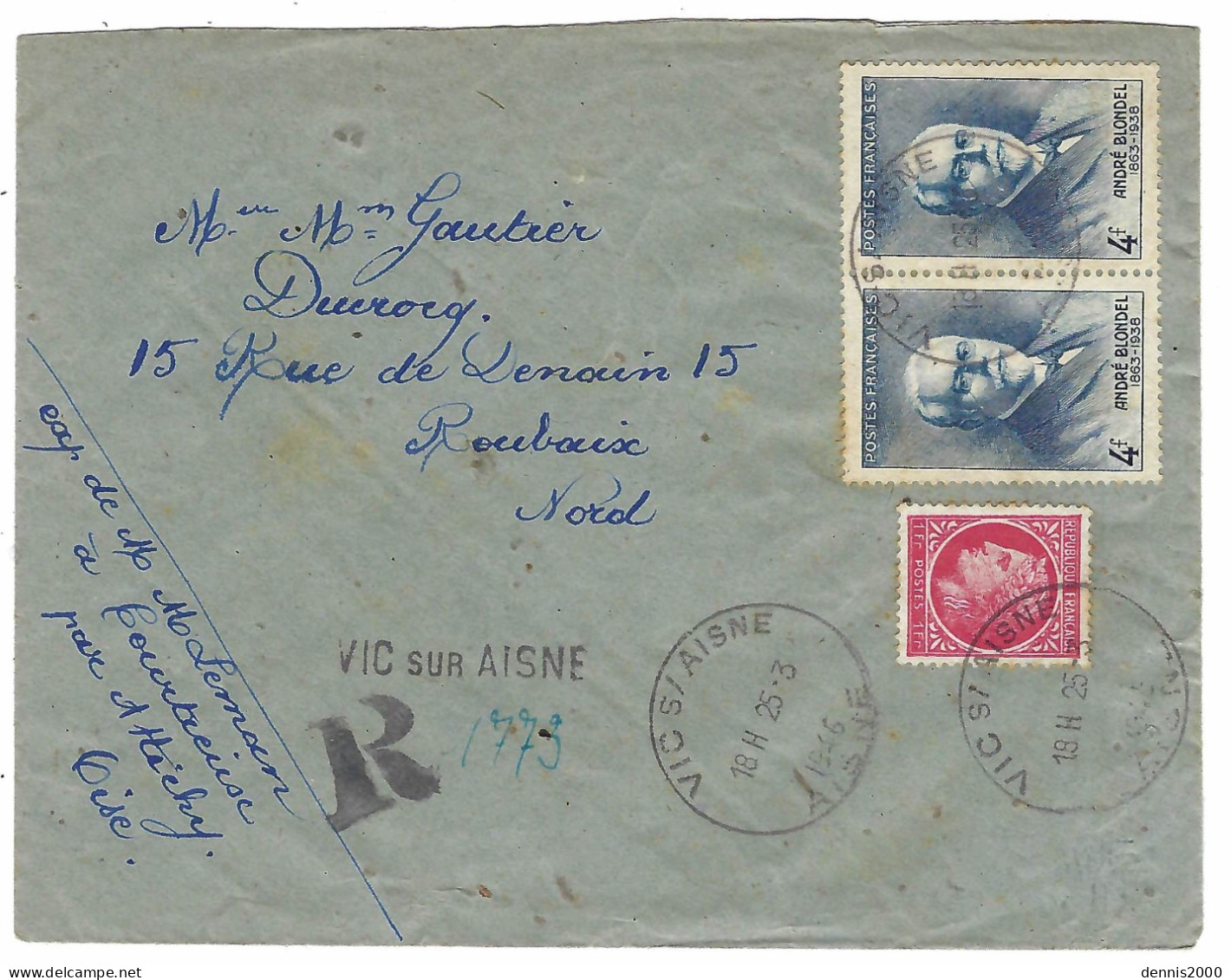 1946 - Enveloppe RECC. De VIC Sur AISNE ( Aisne ) Affr. à 9 F Dont Paire Pétain N°470 - 1921-1960: Moderne