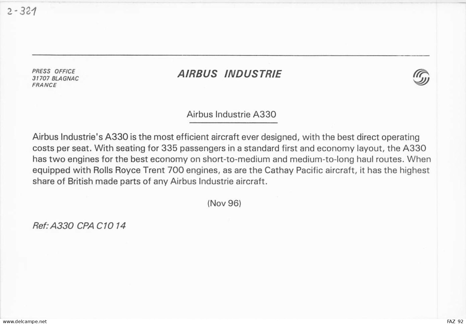 Airbus A330 - Cathay Pacific - +/- 180 X 130 Mm. - Photo De Presse - Aviazione